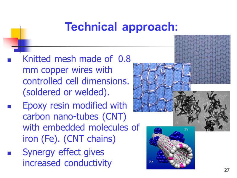 27 Technical approach: Knitted mesh made of  0.8 mm copper wires with controlled